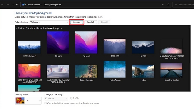 నియంత్రణ ప్యానెల్ ద్వారా వాల్పేపర్లను బ్రౌజ్ చేయండి